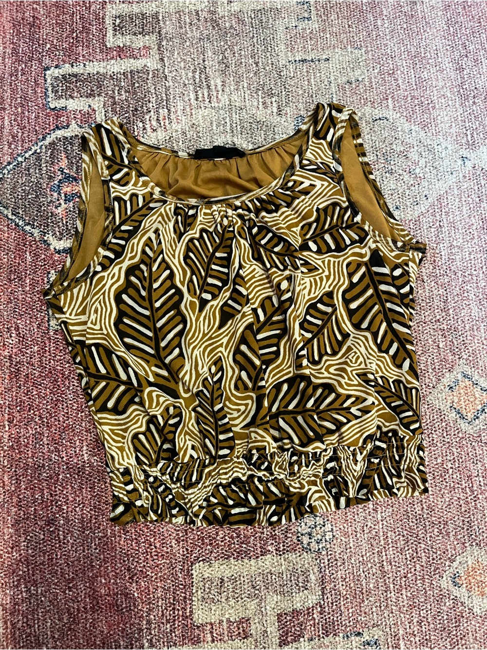 Jane and Delancey cropped mesh tropical leaf print ruched waist sleeveless top s